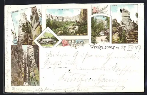 Lithographie Weckelsdorf, Hotel Eisenhammer, Amphitheater, Sennhütte