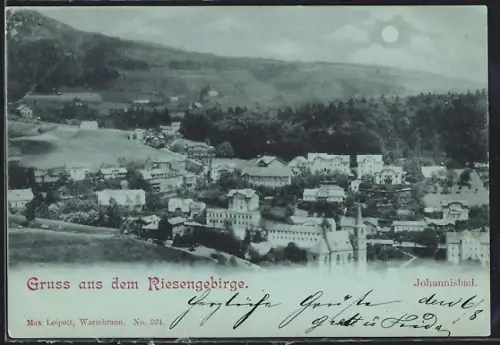 Mondschein-AK Johannisbad /Riesengebirge, Panorama mit Kirche