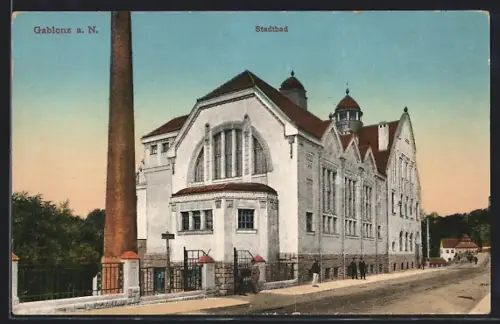 AK Gablonz a. N., Stadtbad mit Strassenpartie