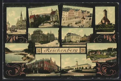 AK Reichenberg, Turnhalle, Bahnhof, Marktplatz