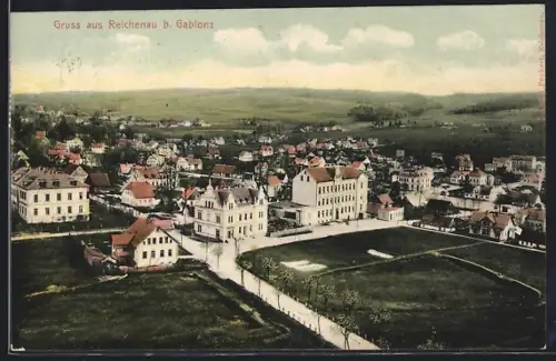 AK Reichenau b. Gablonz, Panorama mit Strassenpartie