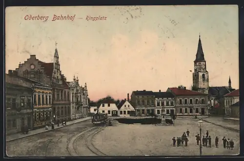 AK Oderberg Bahnhof, Ringplatz mit Geschäften, Kirche und Strassenbahn