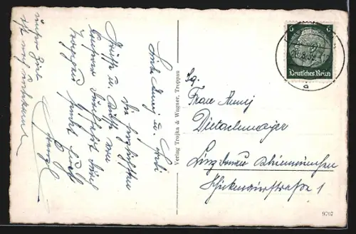 AK Troppau, Olmützerstrasse mit Turm-Eckgebäude