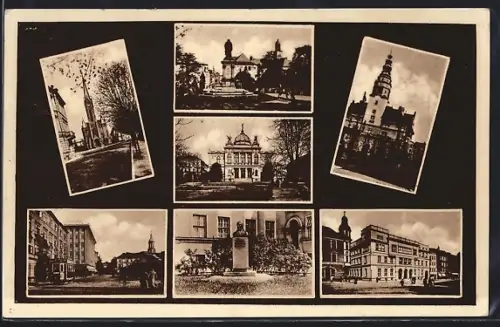 AK Troppau, Denkmal, Kirche, Strassenpartie mit Strassenbahn