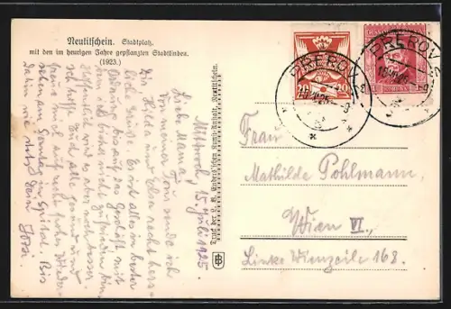 AK Neutitschen, Stadtplatz mit neuen Stadtlinden, 1923