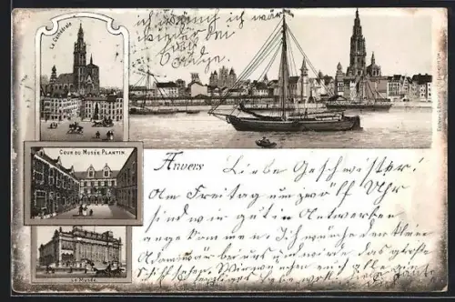 Lithographie Anvers, Cour du Musée Plantin, La Cathédrale, Le Musée