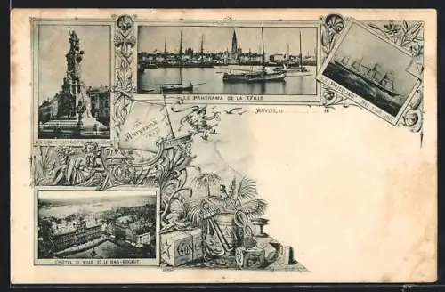 AK Anvers, L`Hôtel de Ville, Le Panorama de la Ville, S. S. Friesland