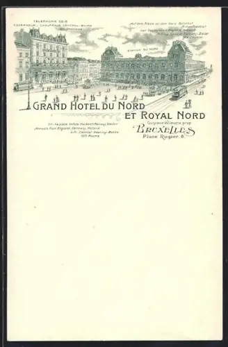 Lithographie Bruxelles, Grand Hotel du Nord et Royal Nord, Place Rogier 8, Gustave Wilmotte