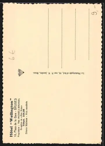 AK Bruges, Hôtel Wellington, 18 Place de la Gare, Propr. Théo Michiels-Brondel