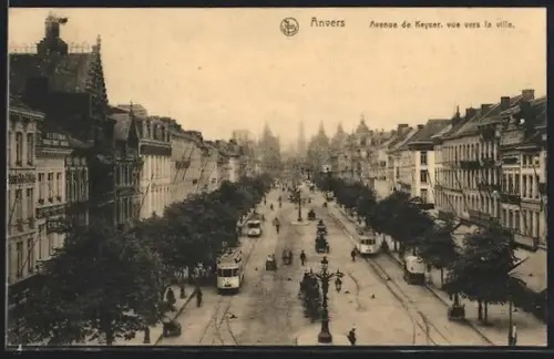 AK Anvers, Avenue de Keyser, vue vers la ville, Strassenbahn