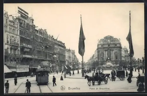 AK Bruxelles, place de Brouckére, Strassenbahn und Geschäfte