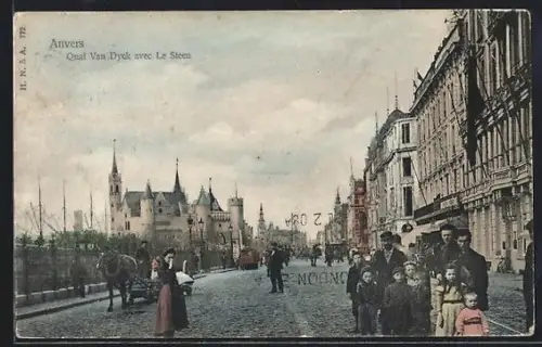 AK Anvers, Quai Van Dyck avec Le Steen