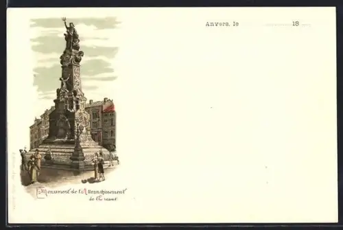 Lithographie Anvers, Monument de l`Attranchisssement de l`Escaux