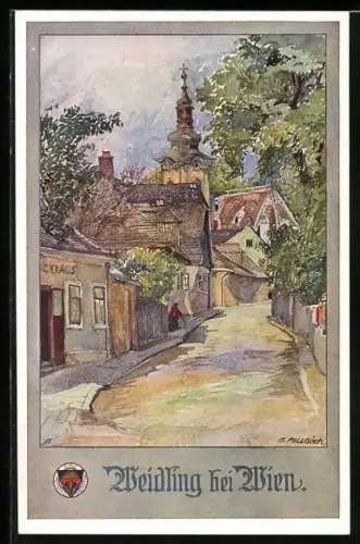 Künstler-AK Weidling, Ortsansicht mit Blick zur Kirche, Deutscher Schulverein