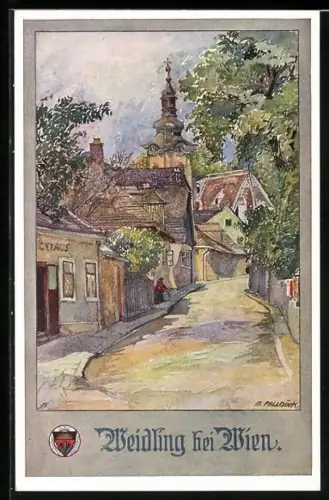 Künstler-AK Weidling, Ortsansicht mit Blick zur Kirche, Deutscher Schulverein