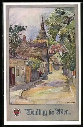 Künstler-AK Weidling, Ortsansicht mit Blick zur Kirche, Deutscher Schulverein