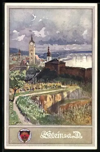 Künstler-AK Stein a. D., Teilansicht mit Türmen und Brücke, Deutscher Schulverein