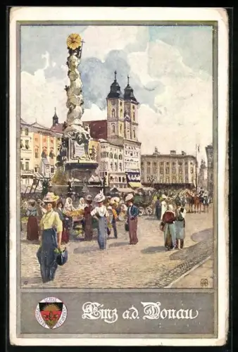AK Deutscher Schulverein Nr. 400: Linz a. d. Donau, Belebter Hauptplatz mit Pestsäule
