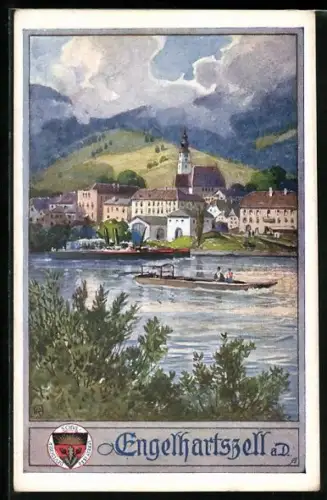 AK Deutscher Schulverein NR: 439, Engelshartszell a. D., Fernblick und Bootsverkehr