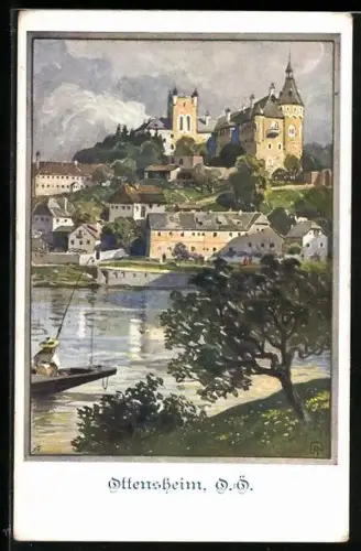 Künstler-AK Ottensheim, Uferpartie mit Boot