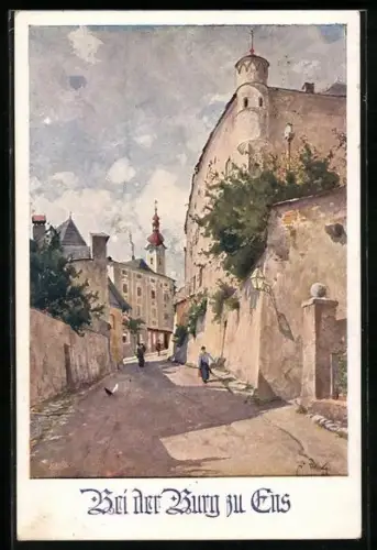 Künstler-AK Enns, Gassenpartie an der Burg, Deutscher Schulverein