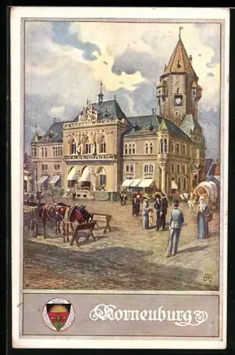 AK Deutscher Schulverein NR235: Kornbeuburg, Platzpartie mit Leuten, Pferde an der Tränke