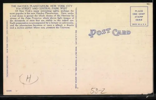 AK New York, NY, Hayden Planetarium, 81st and Central Park West