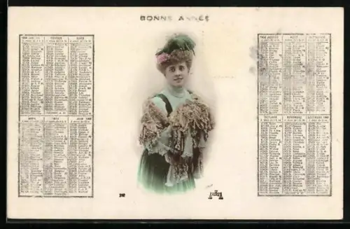 AK Kalender 1908, Dame in elegantem Kleid, Bonne Année