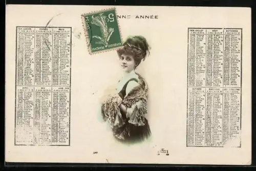 AK Französischer Kalender 1908, Elegante Dame mit Hut
