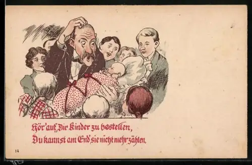 Lithographie Mann umgeben von vielen Kindern, Hör` auf Dir Kinder zu bestellen..., früher Druck