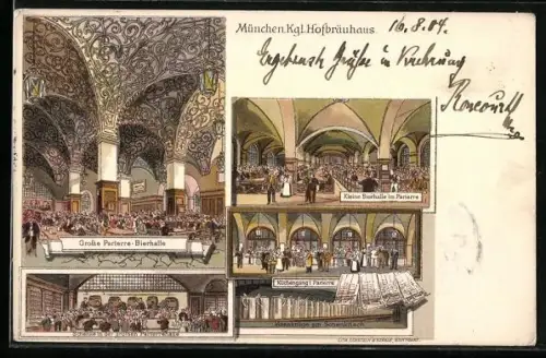 Lithographie München, Gasthof Münchner Hofbräuhaus, Grosse Parterre Bierhalle