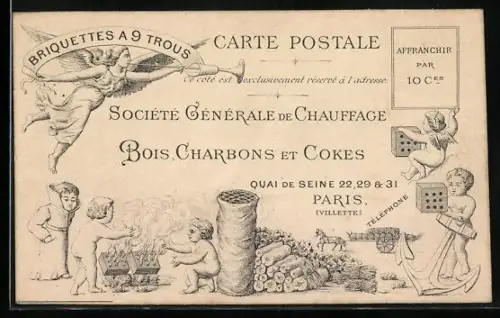 Lithographie Paris, Société Générale de Chauffage, Quai de Seine 22, Kinder und Engel bei der Herstellung