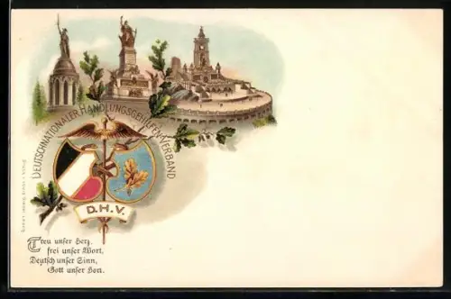 Lithographie Nationaldenkmal am Niederwald, Barbarossa-Denkmal am Kyffhäuser