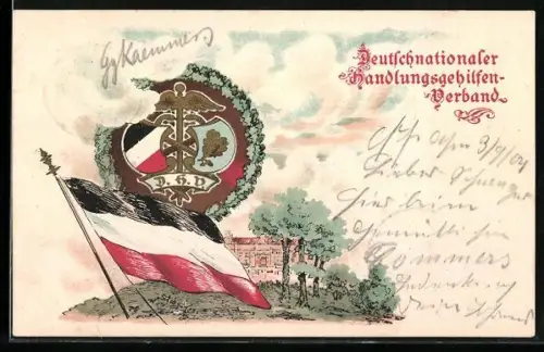 Lithographie Deutschnationaler Handlungsgehilfen-Verband, Reichsfahne und Wappen
