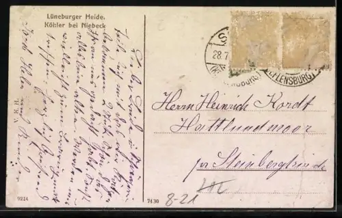 AK Niebeck /Lüneb. Heide, Drei Köhler vor ihrer Hütte im Wald