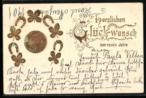 Präge-AK Geldmünze mit Hufeisen und Kleeblättern, Neujahrsgruss