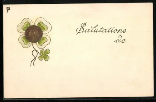 Präge-AK Geldmünze mit Kleeblättern