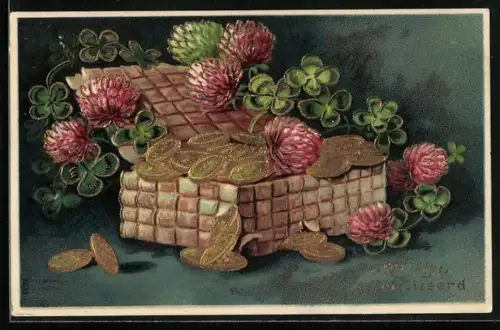 Präge-AK Kiste mit Geldmünzen und Kleeblättern, Glückwunsch