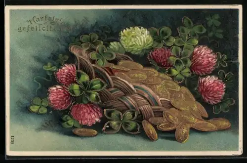 Präge-AK Geldmünzen mit Kleeblättern, Glückwunsch