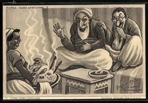 AK Karikatur zwei gut genährter Araber, die eine grosse Portion leckeres Essen bekommen