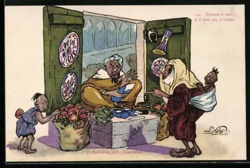 AK Frau bei arabischem Markthändler, Kolonialhumor