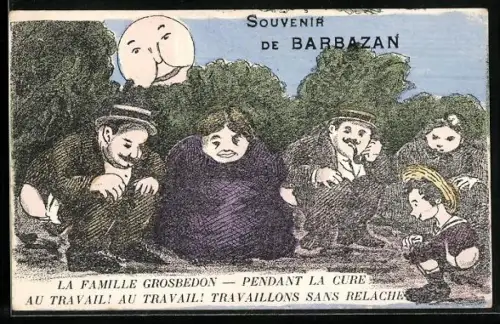 Künstler-AK Barbazan, La Famille Grosbedon pendant la cure au travail!..., Toilettenhumor