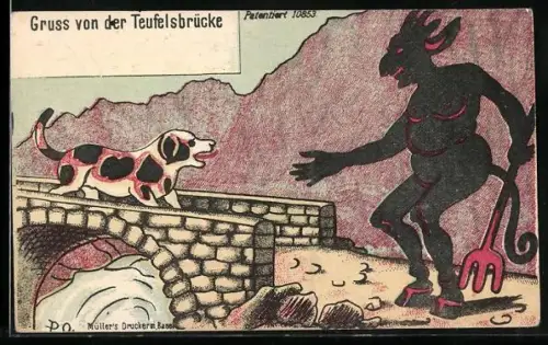 AK Schöllenen, Gruss von der Teufelsbrücke, Hund verwehrt Teufel die Überquerung der Brücke