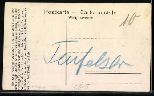 AK Schöllenen, Gruss von der Teufelsbrücke, Hund verwehrt Teufel die Überquerung der Brücke