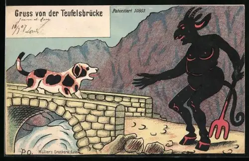 Künstler-AK Schöllenen, Teufel und Hund auf derTeufelsbrücke