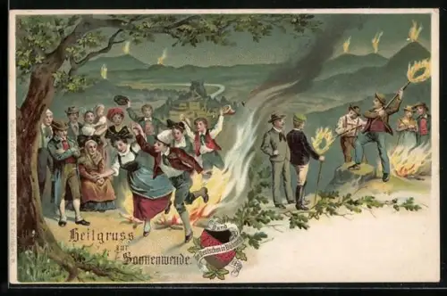 Lithographie Leute feiern die Sonnenwende