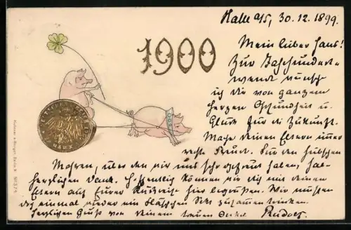 Präge-AK Schweinegespann mit Geldmünze als Rad, 1900