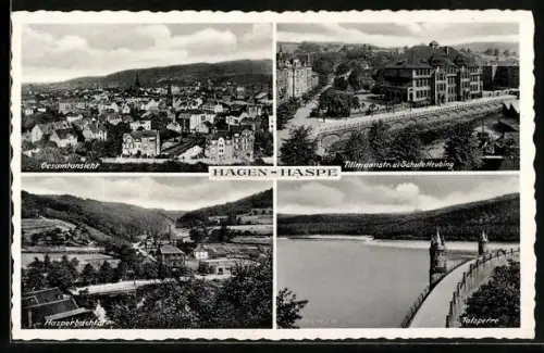 AK Hagen-Haspe, Gesamtansicht, Tillmannstrasse mit Schule Heubing, Hasperbachtal, Talsperre