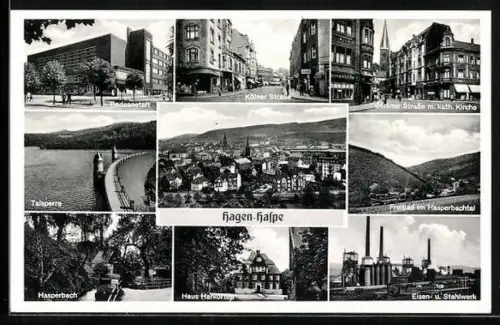AK Hagen-Haspe, Kölner Strasse, Badeanstalt, Berliner Strasse, Eisen- und Stahlwerk