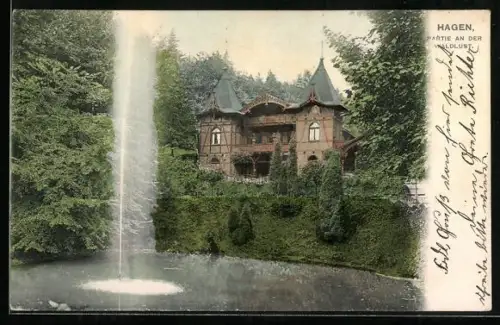 AK Hagen / Westfalen, Gasthaus Waldlust mit Fontäne